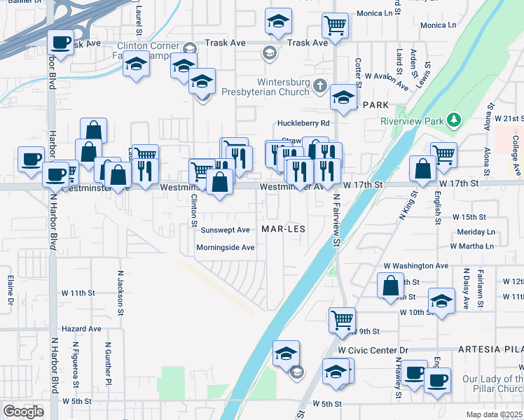 map of restaurants, bars, coffee shops, grocery stores, and more near 14052 Buena Street in Garden Grove