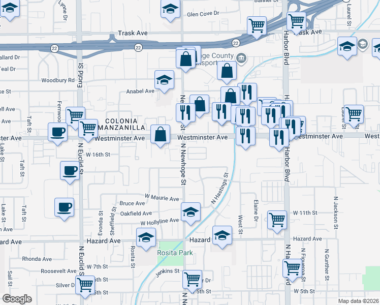 map of restaurants, bars, coffee shops, grocery stores, and more near 4450 Westminster Avenue in Santa Ana