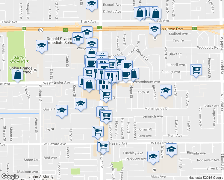 map of restaurants, bars, coffee shops, grocery stores, and more near 10076 Westminster Avenue in Garden Grove