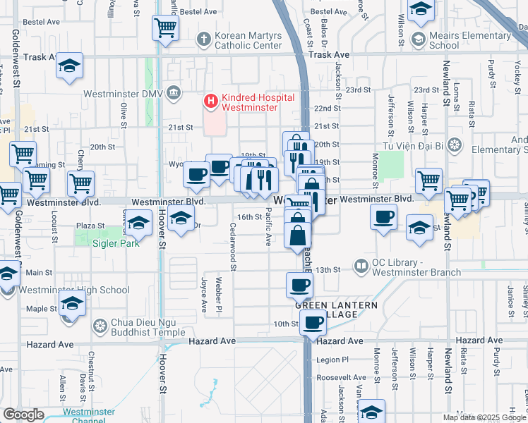 map of restaurants, bars, coffee shops, grocery stores, and more near 7878 Westminster Boulevard in Westminster