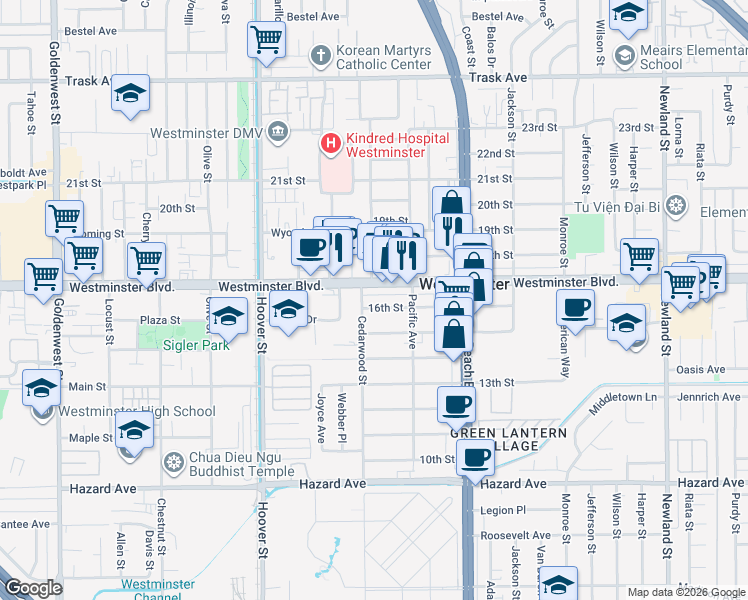 map of restaurants, bars, coffee shops, grocery stores, and more near 7804 Westminster Boulevard in Westminster