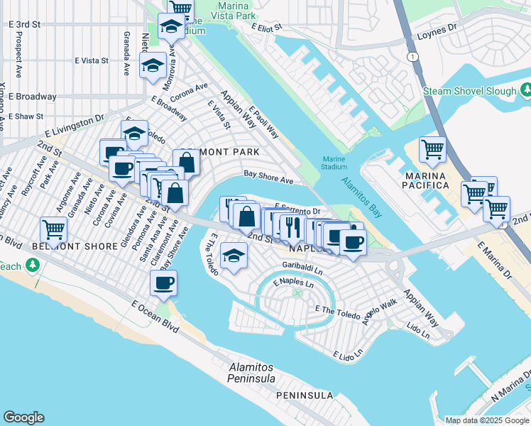 map of restaurants, bars, coffee shops, grocery stores, and more near 5545 East Sorrento Drive in Long Beach