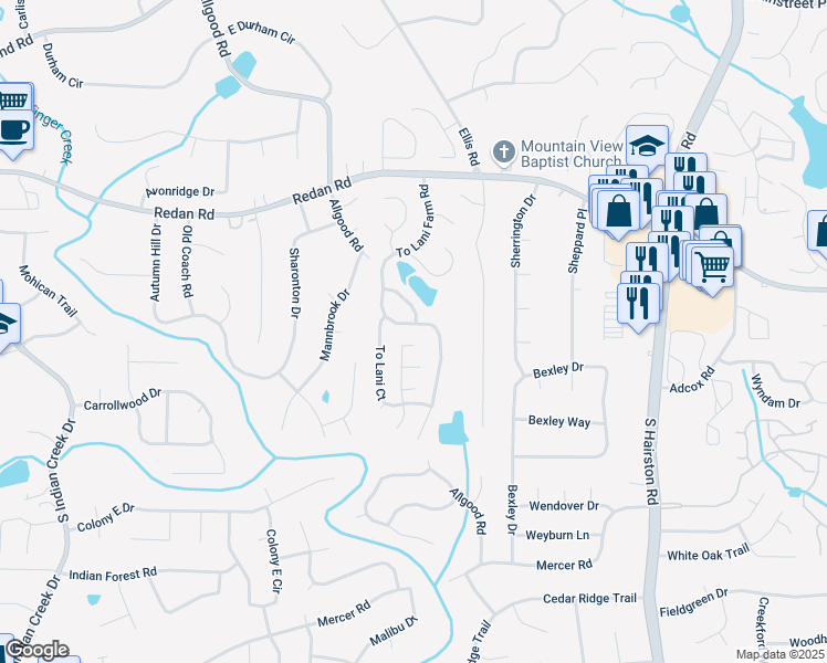 map of restaurants, bars, coffee shops, grocery stores, and more near 1247 To Lani Farm Road in Stone Mountain