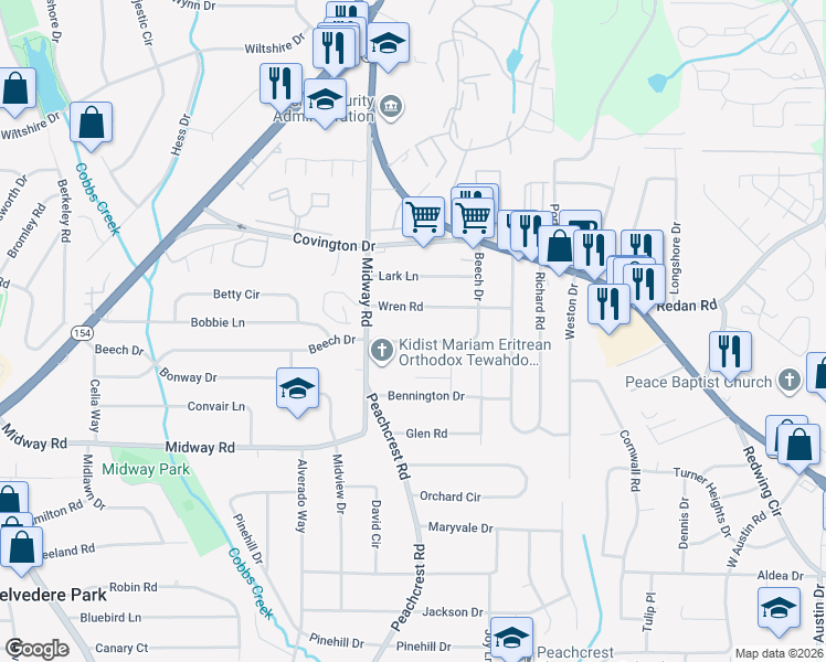 map of restaurants, bars, coffee shops, grocery stores, and more near 3405 Wren Road in Decatur
