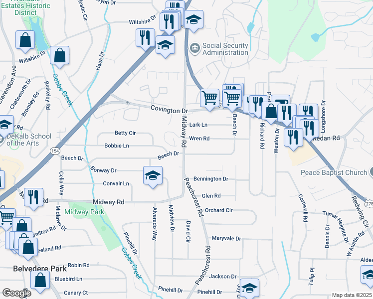map of restaurants, bars, coffee shops, grocery stores, and more near 1324 Crescentwood Lane in Decatur