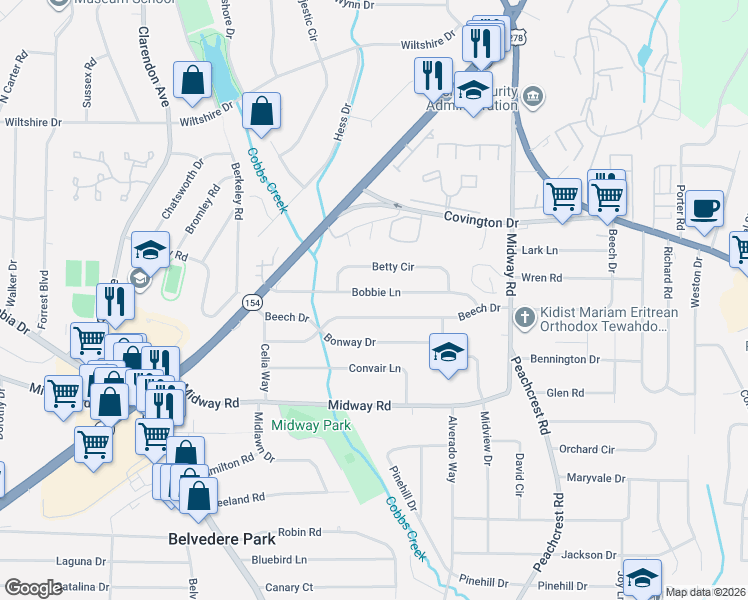 map of restaurants, bars, coffee shops, grocery stores, and more near 3224 Bobbie Lane in Decatur