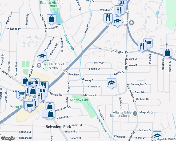 map of restaurants, bars, coffee shops, grocery stores, and more near 3207 Bobbie Lane in Decatur