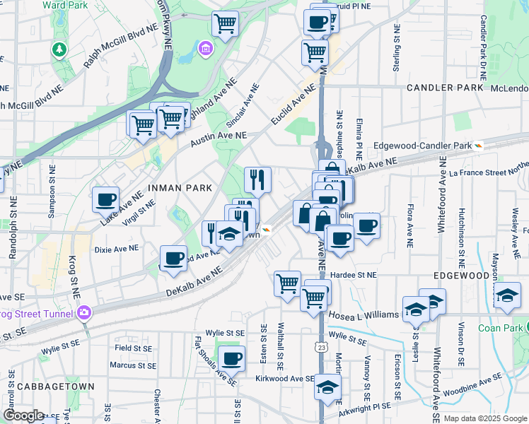 map of restaurants, bars, coffee shops, grocery stores, and more near 186 Degress Avenue Northeast in Atlanta