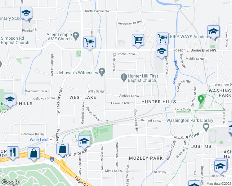 map of restaurants, bars, coffee shops, grocery stores, and more near 1477 Akridge Street Northwest in Atlanta