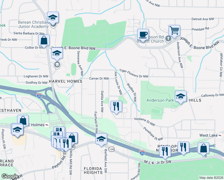 map of restaurants, bars, coffee shops, grocery stores, and more near 192 Joe Louis Drive Northwest in Atlanta