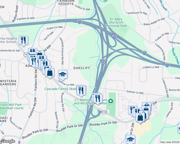 map of restaurants, bars, coffee shops, grocery stores, and more near 220 Harwell Road Northwest in Atlanta