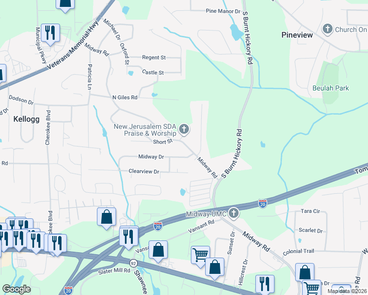 map of restaurants, bars, coffee shops, grocery stores, and more near 1735 Nutmeg Street in Douglasville