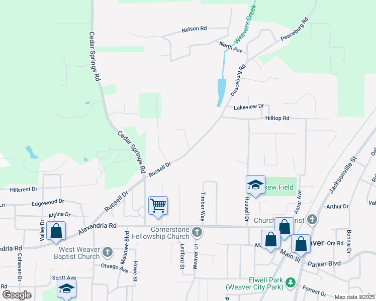 map of restaurants, bars, coffee shops, grocery stores, and more near 1227 Russell Drive in Weaver