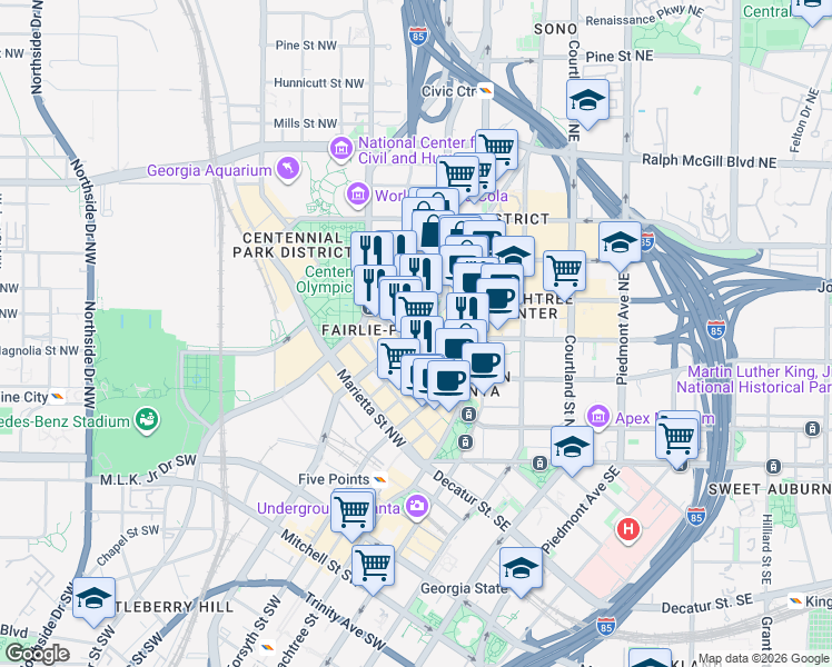 map of restaurants, bars, coffee shops, grocery stores, and more near 123 Luckie Street Northwest in Atlanta