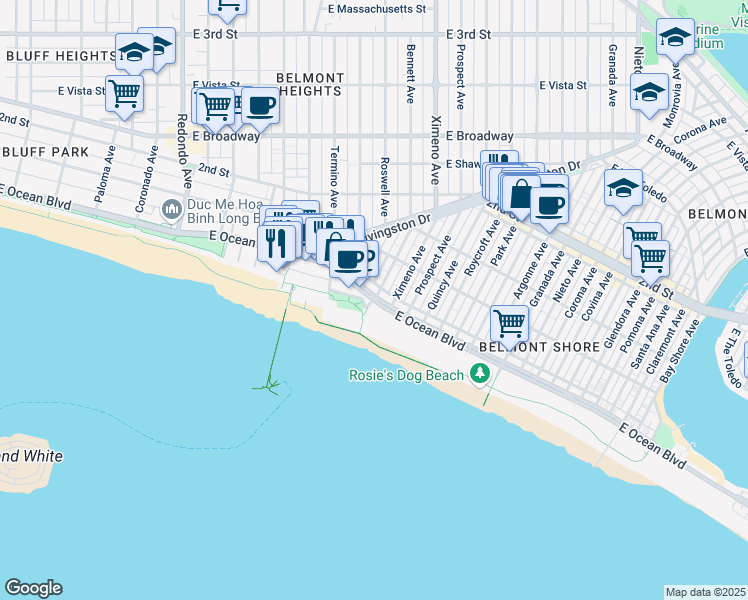 map of restaurants, bars, coffee shops, grocery stores, and more near East Ocean Boulevard & Bennett Avenue in Long Beach