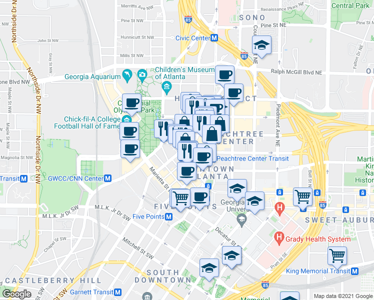 map of restaurants, bars, coffee shops, grocery stores, and more near 151 Spring Street Northwest in Atlanta