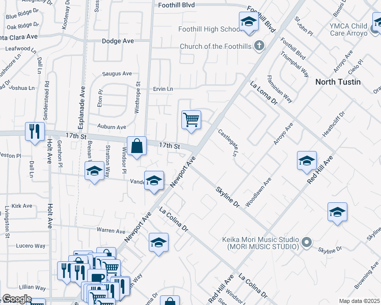 map of restaurants, bars, coffee shops, grocery stores, and more near 18951 Jane Circle in Santa Ana