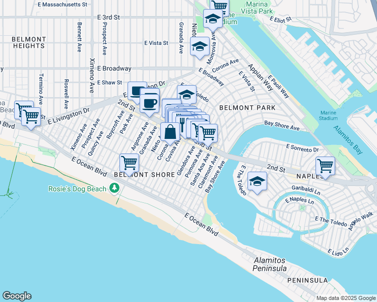 map of restaurants, bars, coffee shops, grocery stores, and more near 173 Glendora Avenue in Long Beach