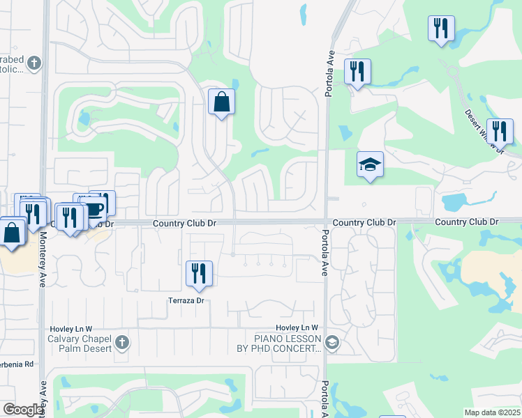 map of restaurants, bars, coffee shops, grocery stores, and more near 39906 Black Mesa Lane in Palm Desert