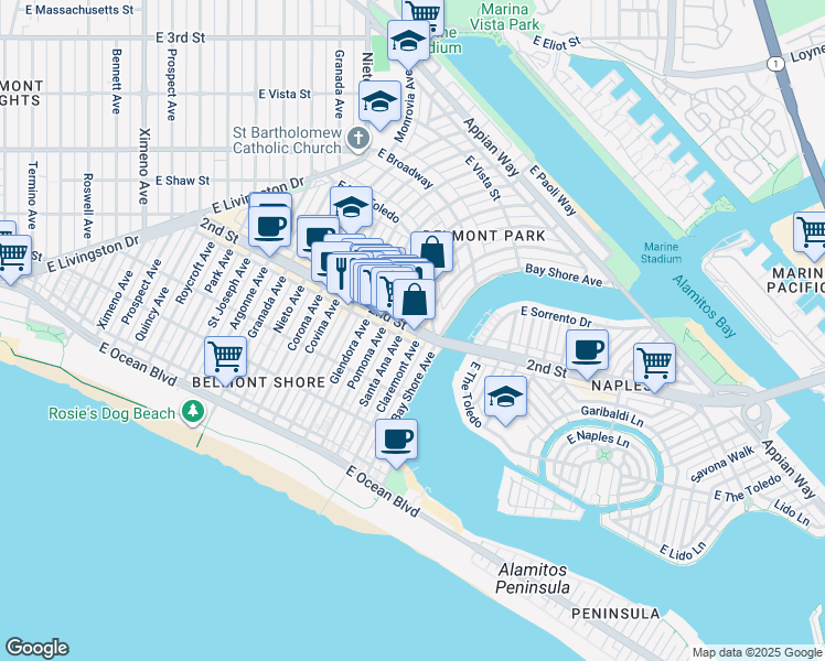 map of restaurants, bars, coffee shops, grocery stores, and more near 2nd Street in Long Beach