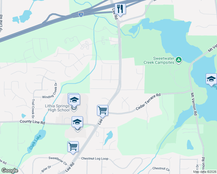 map of restaurants, bars, coffee shops, grocery stores, and more near 2367 Park Avenue in Lithia Springs