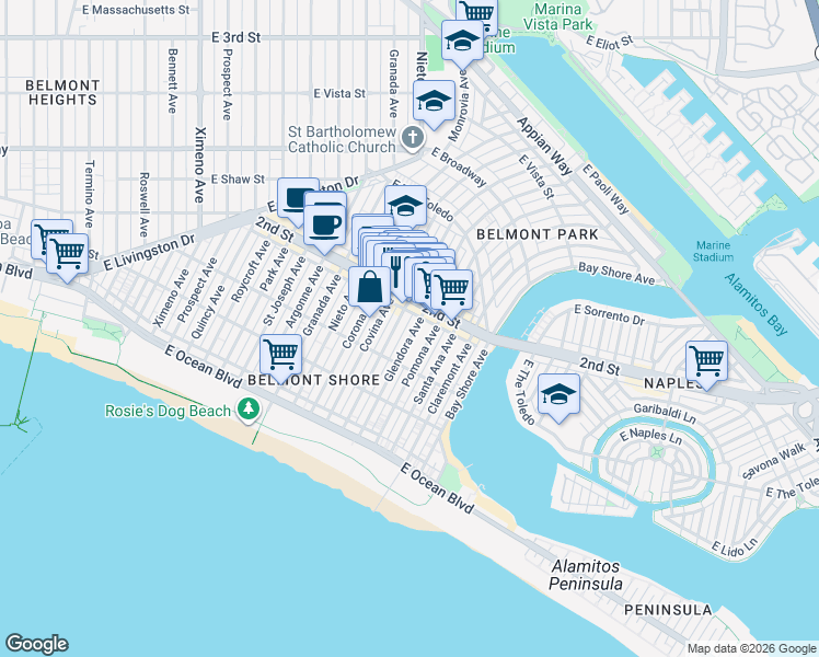 map of restaurants, bars, coffee shops, grocery stores, and more near 173 Glendora Avenue in Long Beach
