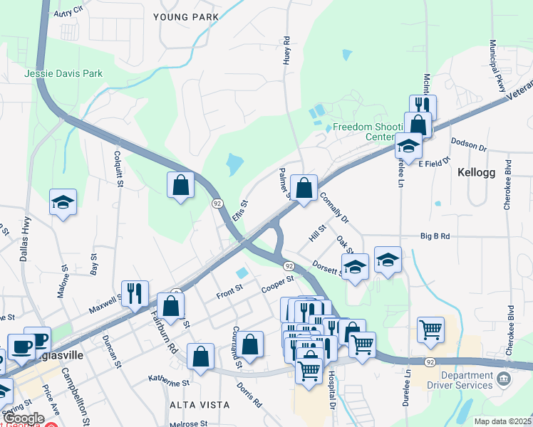 map of restaurants, bars, coffee shops, grocery stores, and more near 6189 East Strickland Street in Douglasville