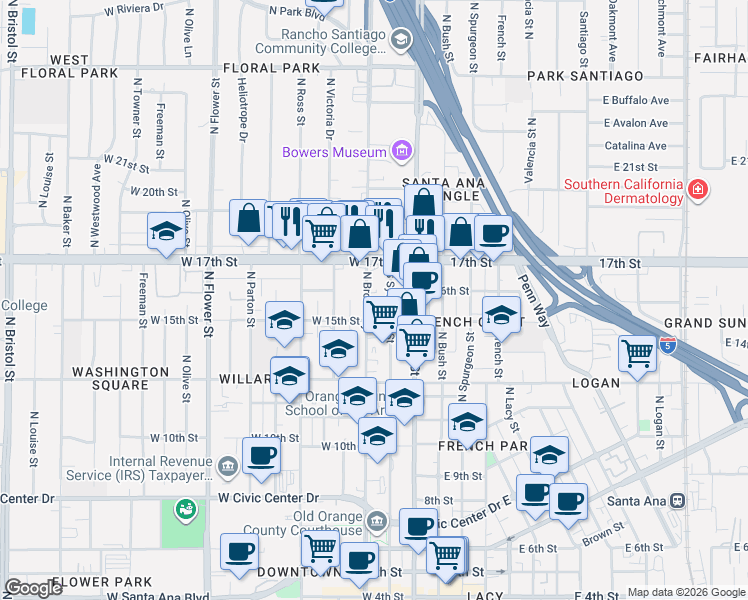 map of restaurants, bars, coffee shops, grocery stores, and more near 1521 North Broadway in Santa Ana