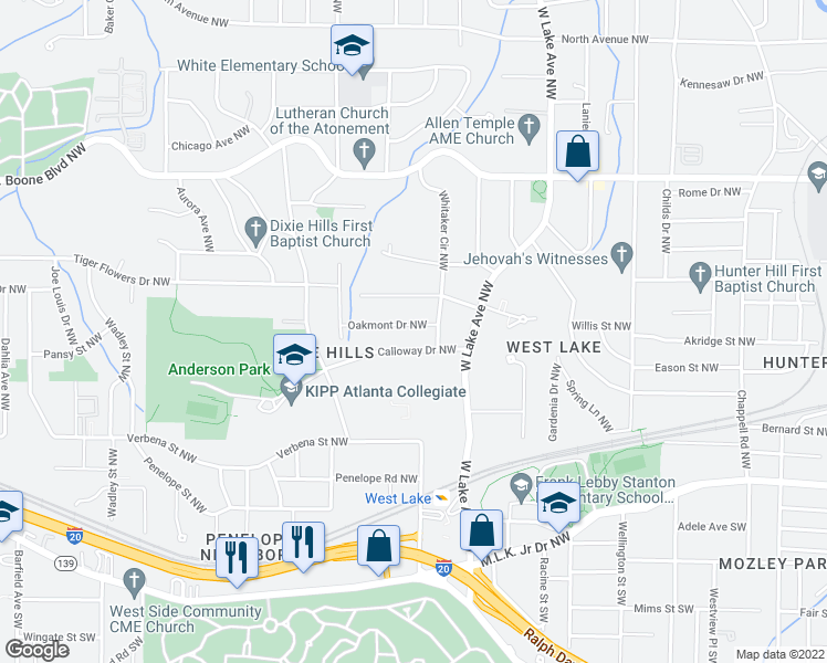map of restaurants, bars, coffee shops, grocery stores, and more near 1810 Oakmont Drive Northwest in Atlanta