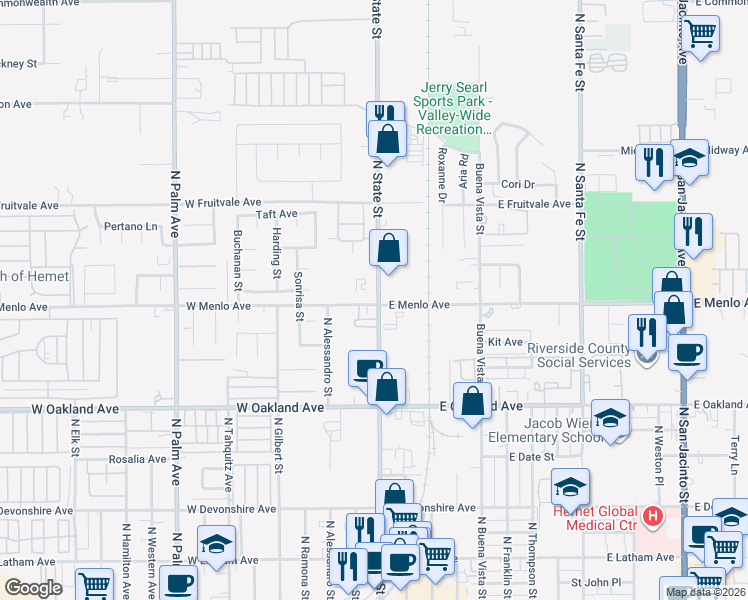 map of restaurants, bars, coffee shops, grocery stores, and more near 112 West Menlo Avenue in Hemet