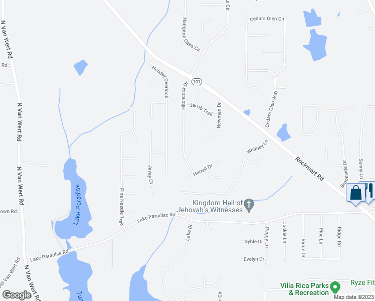 map of restaurants, bars, coffee shops, grocery stores, and more near 14 Jessica Lane in Villa Rica