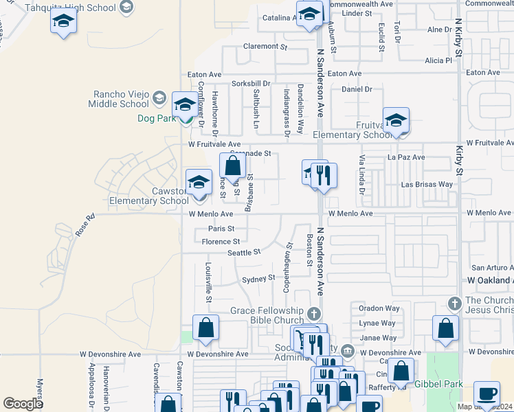 map of restaurants, bars, coffee shops, grocery stores, and more near 724 Brisbane Street in Hemet