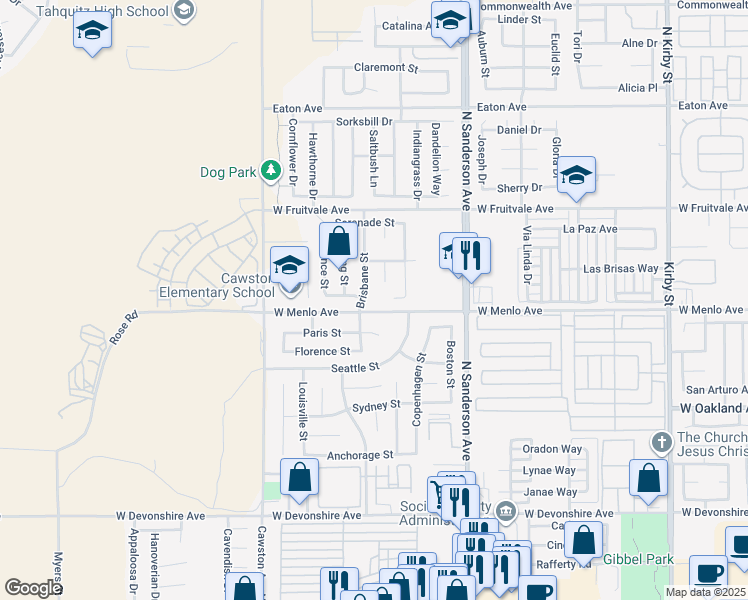 map of restaurants, bars, coffee shops, grocery stores, and more near 724 Brisbane Street in Hemet