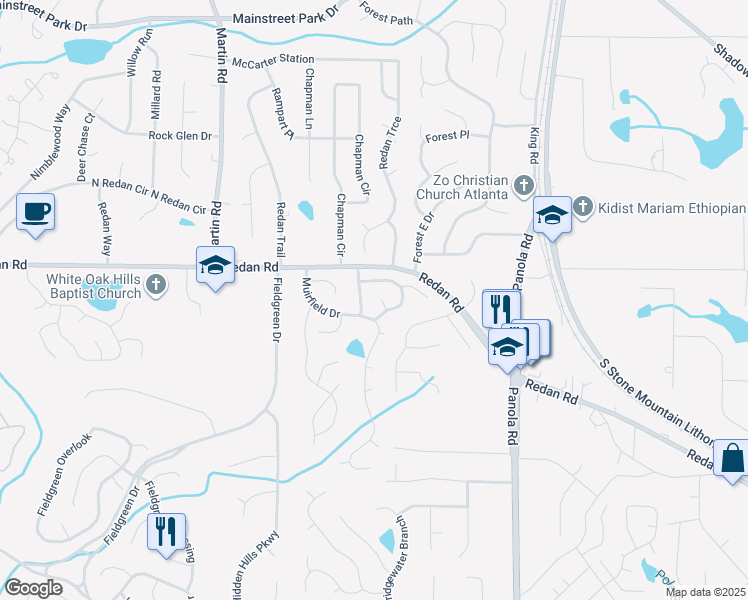 map of restaurants, bars, coffee shops, grocery stores, and more near 1179 Jocelyn Court in Stone Mountain