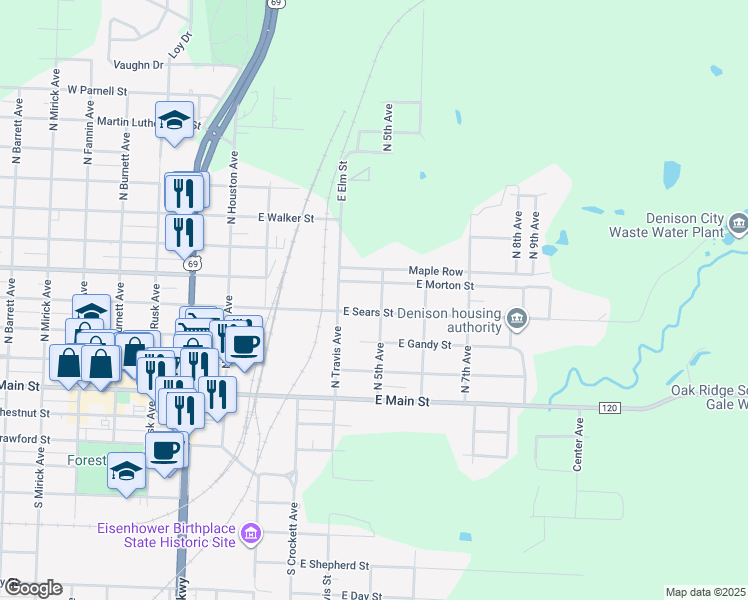 map of restaurants, bars, coffee shops, grocery stores, and more near 416 East Morton Street in Denison