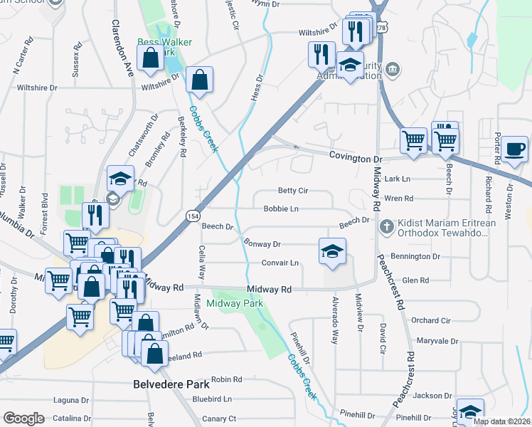 map of restaurants, bars, coffee shops, grocery stores, and more near 3224 Bobbie Lane in Decatur