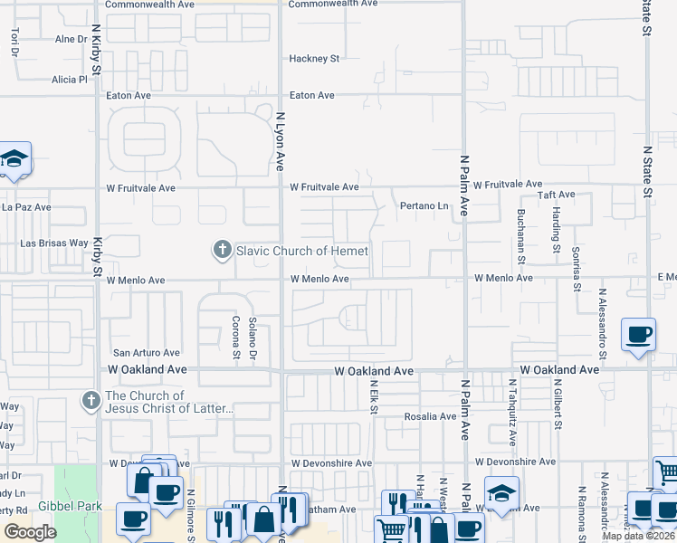 map of restaurants, bars, coffee shops, grocery stores, and more near 1300 West Menlo Avenue in Hemet