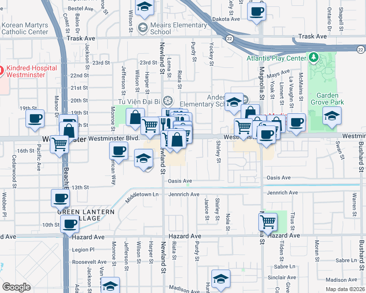 map of restaurants, bars, coffee shops, grocery stores, and more near 8556 Westminster Boulevard in Westminster