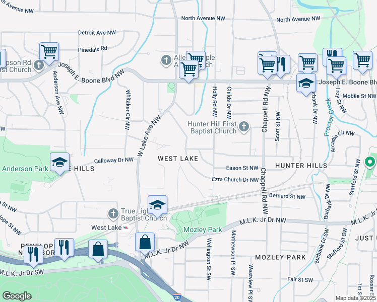 map of restaurants, bars, coffee shops, grocery stores, and more near 1599 Ezra Church Drive Northwest in Atlanta