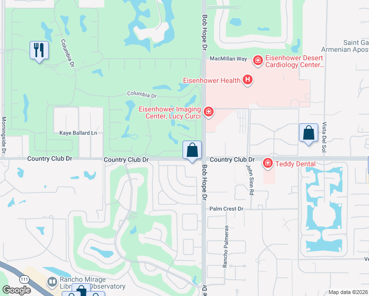 map of restaurants, bars, coffee shops, grocery stores, and more near 64 Colgate Drive in Rancho Mirage