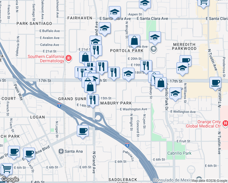 map of restaurants, bars, coffee shops, grocery stores, and more near 1606 North Linwood Avenue in Santa Ana