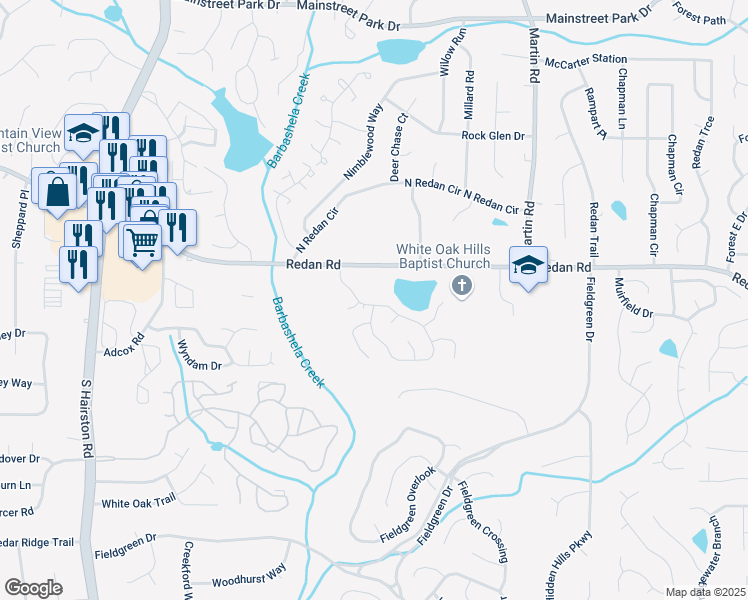map of restaurants, bars, coffee shops, grocery stores, and more near 1218 Mill Lake Circle in Stone Mountain