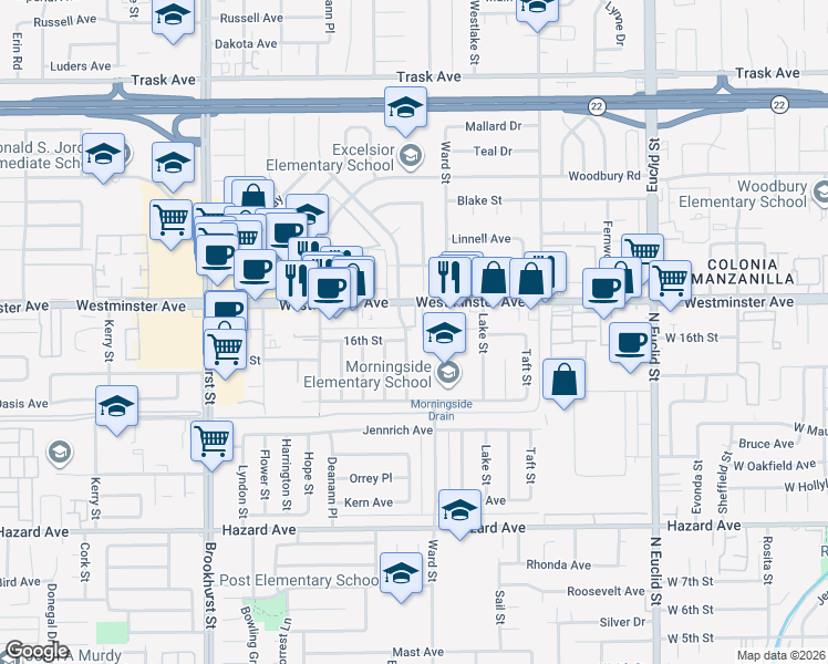 map of restaurants, bars, coffee shops, grocery stores, and more near 14072 Bowen Street in Garden Grove