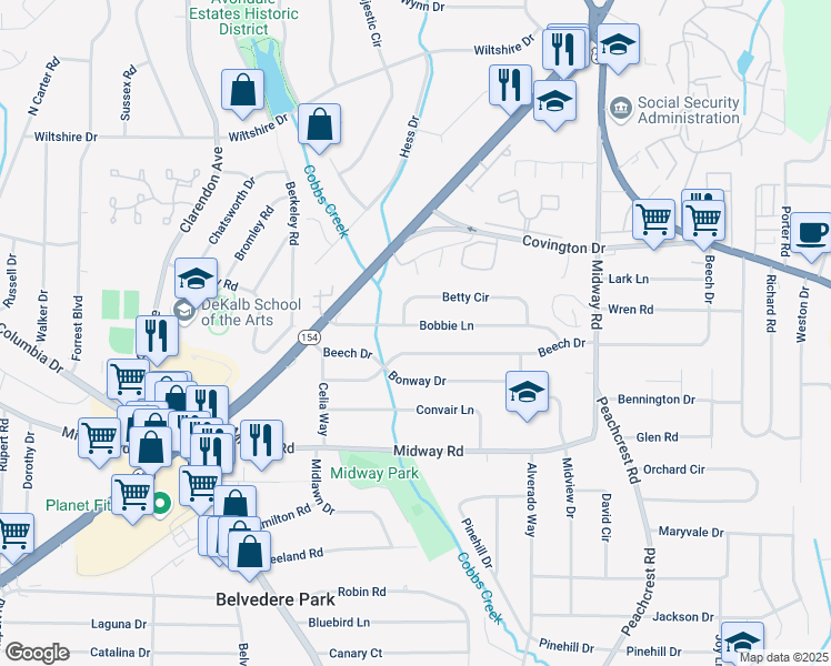 map of restaurants, bars, coffee shops, grocery stores, and more near 3207 Bobbie Lane in Decatur