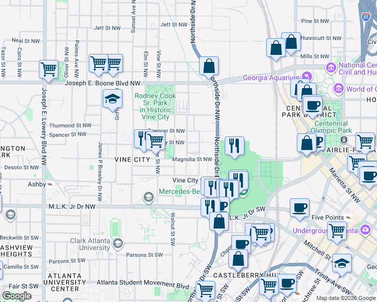 map of restaurants, bars, coffee shops, grocery stores, and more near 534 Foundry Street Northwest in Atlanta