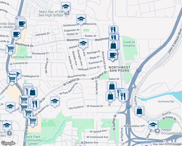 map of restaurants, bars, coffee shops, grocery stores, and more near 928 Bloomwood Road in Los Angeles
