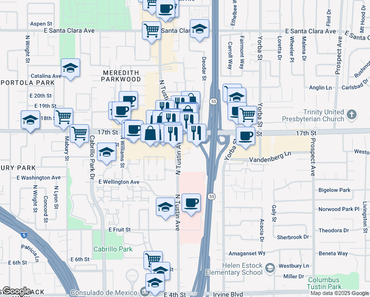 map of restaurants, bars, coffee shops, grocery stores, and more near 1525 North Tustin Avenue in Santa Ana