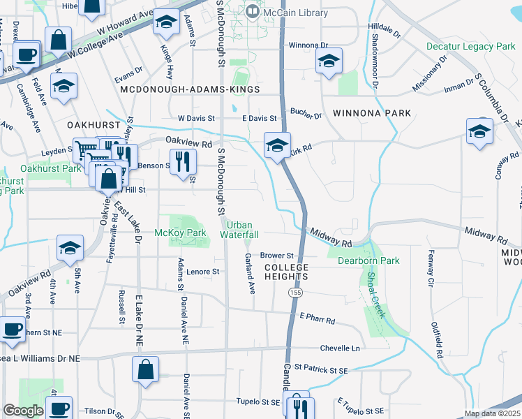 map of restaurants, bars, coffee shops, grocery stores, and more near 139 East Hill Street in Decatur