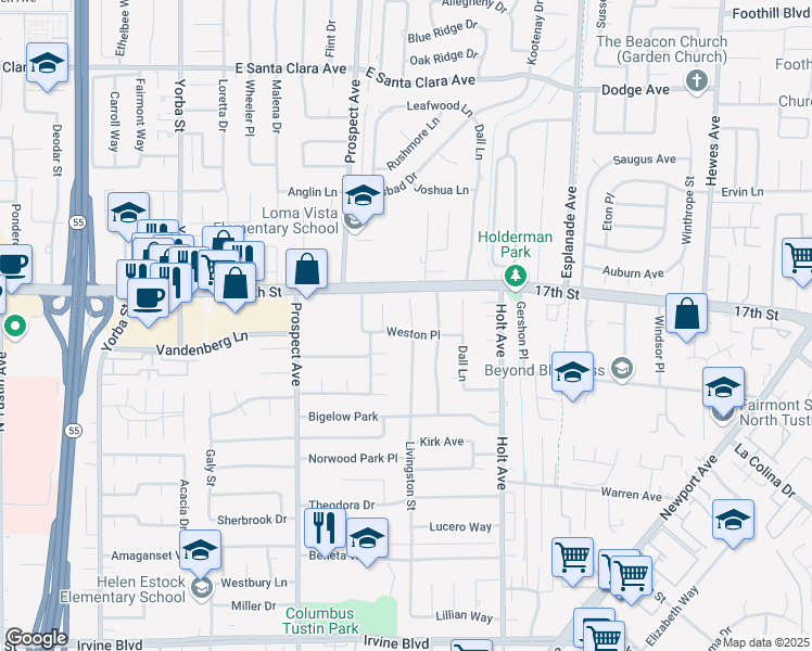 map of restaurants, bars, coffee shops, grocery stores, and more near 18021 Weston Place in Tustin