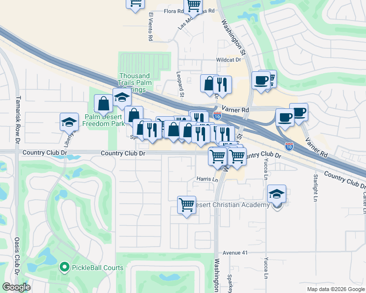 map of restaurants, bars, coffee shops, grocery stores, and more near 77780 Country Club Drive in Palm Desert